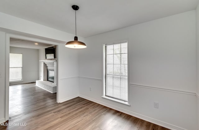 735 Wicklow Pl Unit A, Ridgeland, MS 39157 - unfurnished dining area featuring baseboards, a glass covered fireplace, light wood-style floors, and plenty of natural light