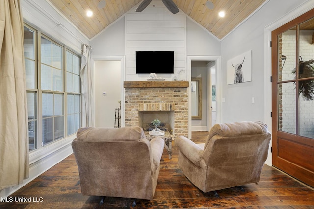 living room with wood ceiling, lofted ceiling, dark wood-type flooring, and a brick fireplace