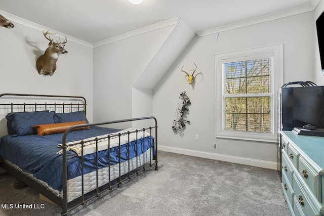 carpeted bedroom featuring ornamental molding