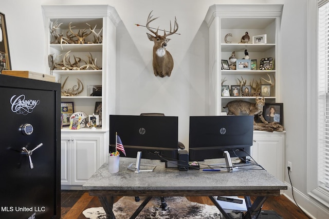 office space featuring built in shelves and dark hardwood / wood-style floors