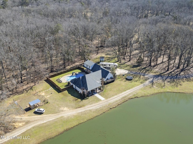 bird's eye view with a water view