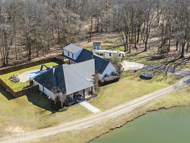 aerial view featuring a water view