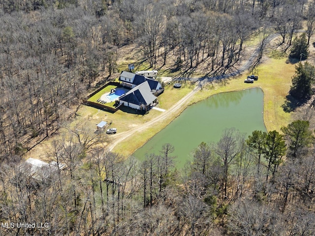 drone / aerial view featuring a water view