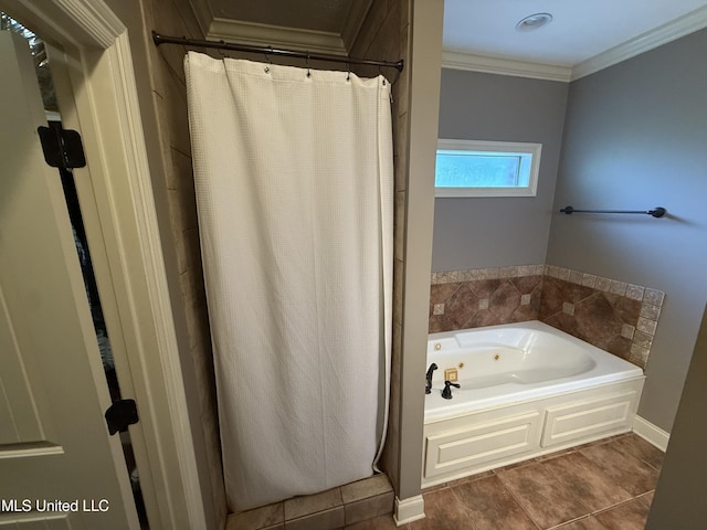 104 Belle Oak Dr, Brandon, MS 39042 - full bathroom featuring a jetted tub, crown molding, a shower with shower curtain, and tile patterned flooring