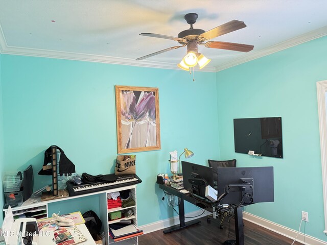 128 Charlton Dr, Madison, MS 39110 - office featuring ornamental molding, wood finished floors, baseboards, and ceiling fan
