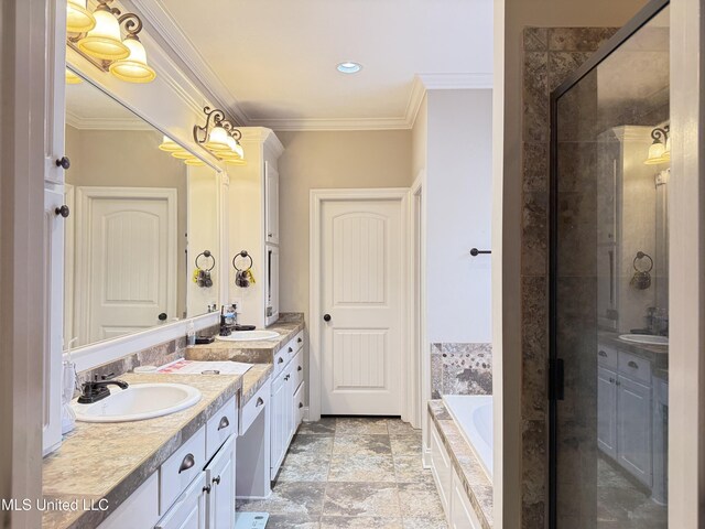 128 Charlton Dr, Madison, MS 39110 - bathroom with a shower stall, double vanity, a garden tub, and ornamental molding