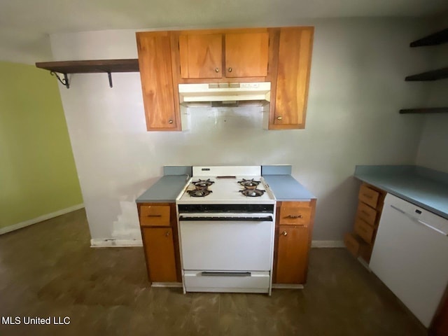 kitchen with open shelves, brown cabinetry, under cabinet range hood, and white appliances