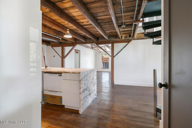 301 S Toulme St Unit 201, Bay Saint Louis, MS 39520 - hallway featuring dark hardwood / wood-style floors, beam ceiling, and wooden ceiling