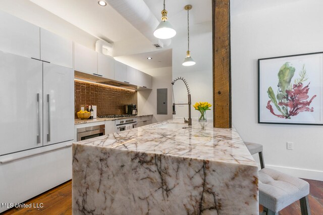 301 S Toulme St Unit 201, Bay Saint Louis, MS 39520 - kitchen with white refrigerator, hanging light fixtures, dark hardwood / wood-style floors, light stone counters, and white cabinetry