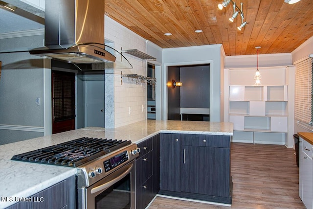 1777 Brecon Dr, Jackson, MS 39211 - kitchen featuring stainless steel gas range, island exhaust hood, wooden ceiling, light wood-style flooring, and ornamental molding