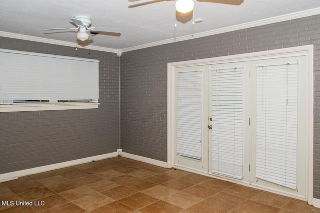 1777 Brecon Dr, Jackson, MS 39211 - unfurnished bedroom with ornamental molding, brick wall, a ceiling fan, and baseboards