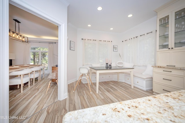 bedroom featuring light wood-type flooring, baseboards, ornamental molding, and recessed lighting