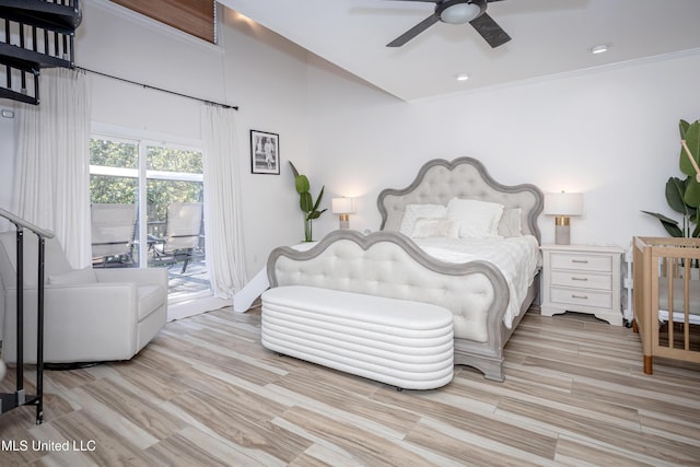 bedroom with wood finished floors, ornamental molding, recessed lighting, ceiling fan, and access to exterior