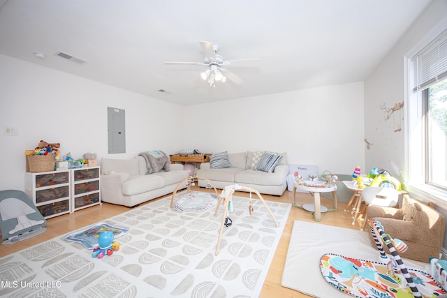 living room featuring electric panel, a ceiling fan, visible vents, and wood finished floors