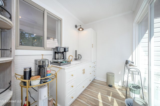 interior space with a sink, crown molding, and light wood-style flooring