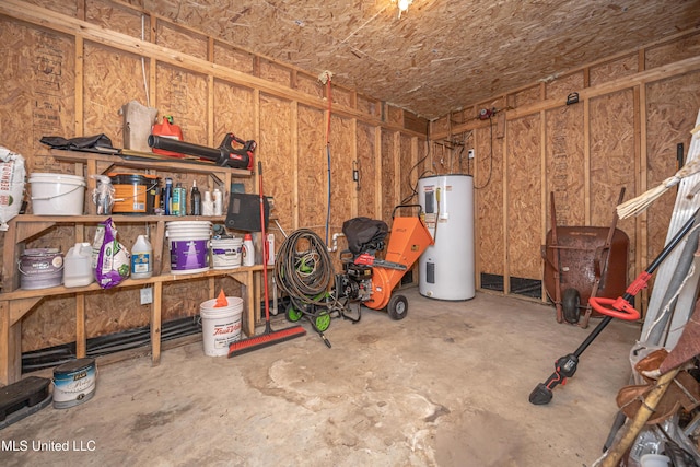 storage area featuring water heater and a garage