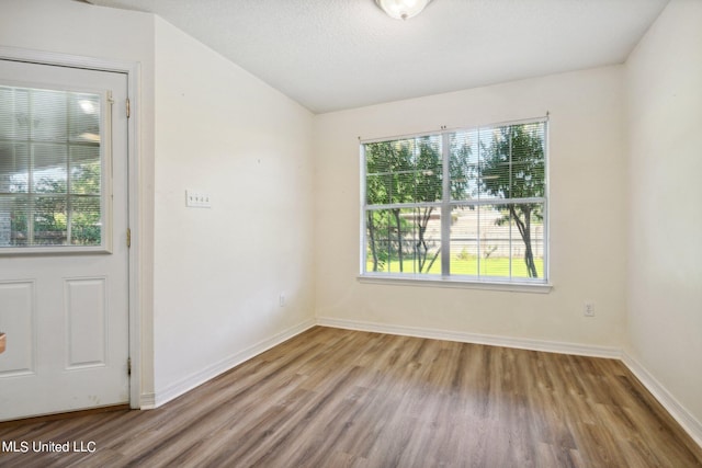 unfurnished room featuring wood-type flooring, a textured ceiling, and plenty of natural light