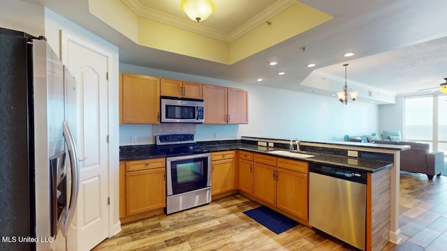 kitchen featuring a raised ceiling, appliances with stainless steel finishes, light wood-style floors, open floor plan, and a sink