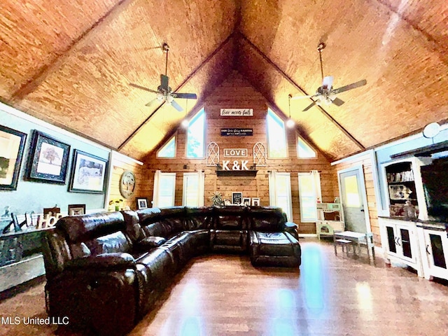 31019 N 19th Hwy, West, MS 39192 - living area featuring wood ceiling, high vaulted ceiling, a ceiling fan, and wood finished floors