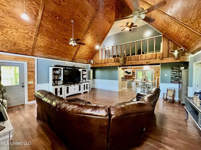 31019 N 19th Hwy, West, MS 39192 - living room with wood ceiling, a ceiling fan, and high vaulted ceiling