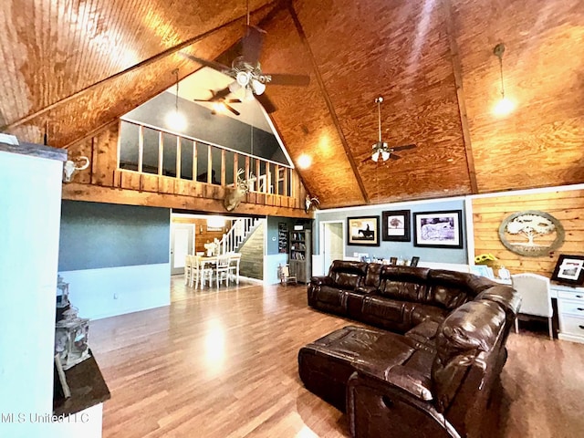 31019 N 19th Hwy, West, MS 39192 - living room with stairs, wood finished floors, ceiling fan, and high vaulted ceiling