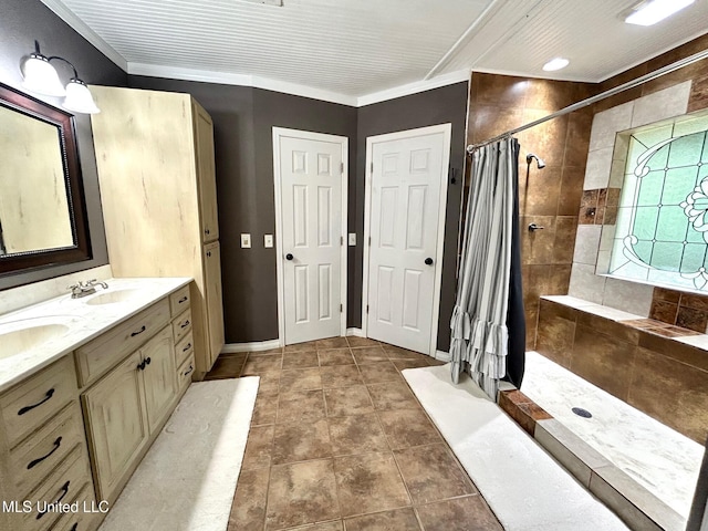 31019 N 19th Hwy, West, MS 39192 - bathroom with baseboards, ornamental molding, a sink, a tile shower, and double vanity