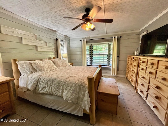 31019 N 19th Hwy, West, MS 39192 - tiled bedroom featuring wood ceiling, wood walls, and ceiling fan
