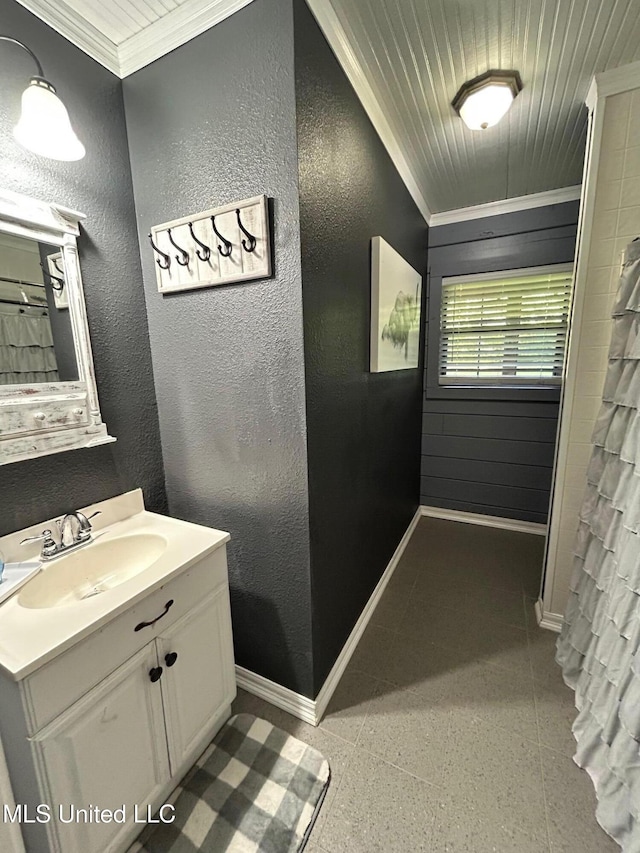 31019 N 19th Hwy, West, MS 39192 - bathroom with wood ceiling, baseboards, a textured wall, vanity, and ornamental molding