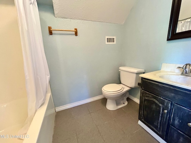 31019 N 19th Hwy, West, MS 39192 - full bathroom with toilet, baseboards, visible vents, vanity, and vaulted ceiling