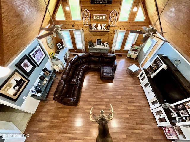 31019 N 19th Hwy, West, MS 39192 - living area with ceiling fan, a high ceiling, and wood finished floors
