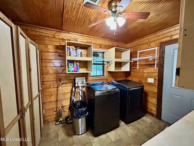 31019 N 19th Hwy, West, MS 39192 - washroom with laundry area, wooden ceiling, separate washer and dryer, wooden walls, and a ceiling fan