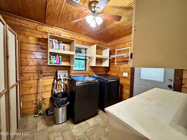 31019 N 19th Hwy, West, MS 39192 - clothes washing area with wood ceiling, laundry area, ceiling fan, independent washer and dryer, and wooden walls