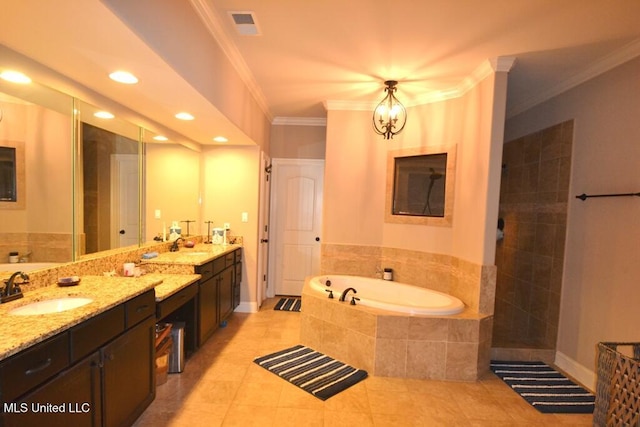 full bath featuring visible vents, vanity, ornamental molding, a bath, and tile patterned floors