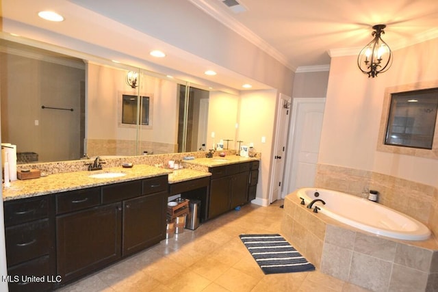 full bathroom with a garden tub, recessed lighting, visible vents, ornamental molding, and vanity