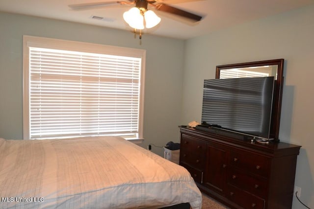 bedroom featuring ceiling fan and visible vents