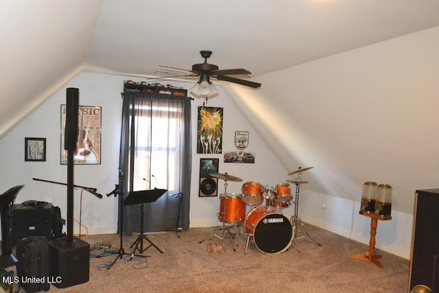 bonus room featuring vaulted ceiling, carpet floors, a ceiling fan, and baseboards