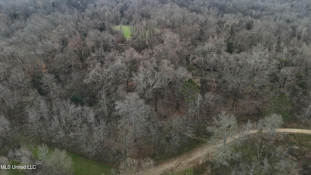 aerial view featuring a wooded view