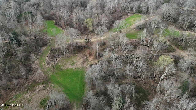 birds eye view of property featuring a forest view