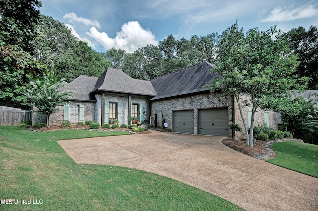 french country home with a front yard and a garage