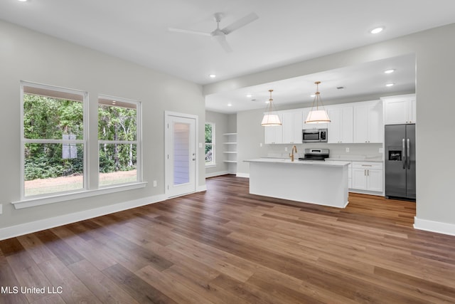13379 Wash Fayard Rd, Biloxi, MS 39532 - kitchen featuring stainless steel appliances, light countertops, wood finished floors, a ceiling fan, and recessed lighting