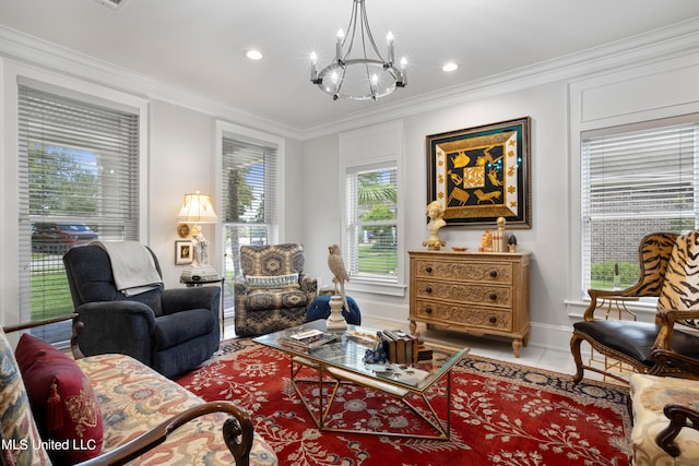 living room with crown molding, a notable chandelier, and tile patterned flooring