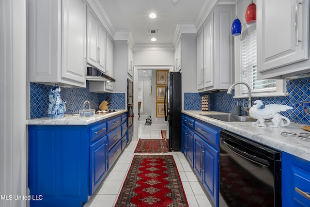 kitchen featuring white cabinetry, black appliances, and blue cabinets