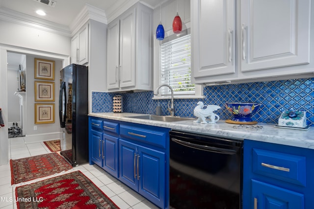 kitchen with white cabinetry, blue cabinets, black appliances, and sink