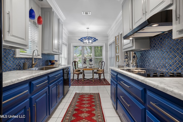 kitchen with black appliances, sink, white cabinets, blue cabinetry, and light tile patterned floors