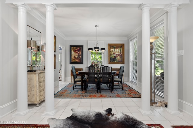 dining space with crown molding and light tile patterned flooring