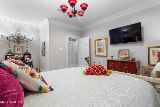 bedroom with crown molding and a chandelier