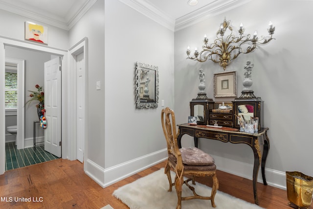 office featuring crown molding and hardwood / wood-style flooring