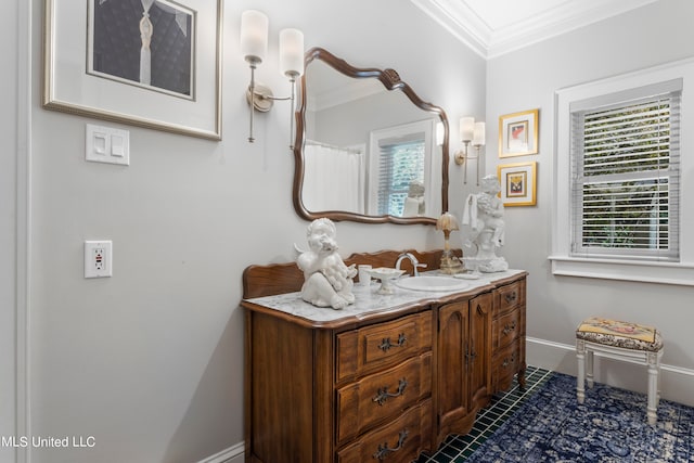 bathroom featuring vanity, ornamental molding, plenty of natural light, and tile patterned flooring