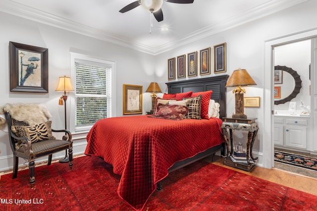 bedroom with hardwood / wood-style floors, ensuite bathroom, crown molding, and ceiling fan