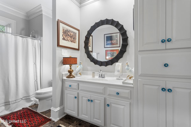 bathroom with toilet, crown molding, vanity, and a shower with shower curtain